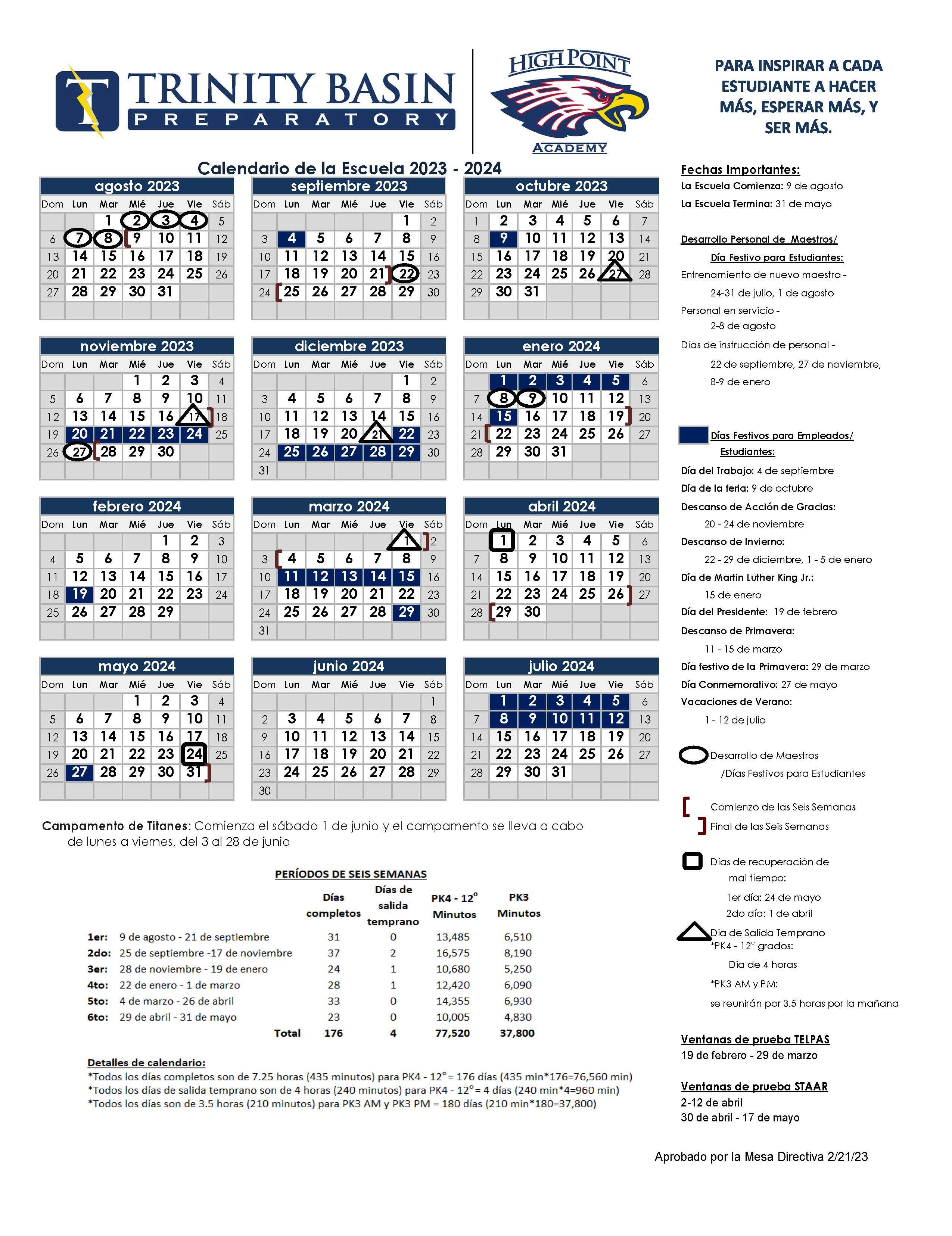 2023-2024 Trinity Basin Preparatory and High Point Academy Academic Calendar in Spanish